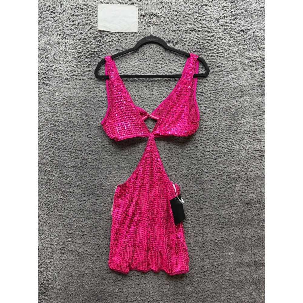 NWT Retrofete New York Crystal Sequin Crochet Dress Hyper Pink Womens Size XS/S